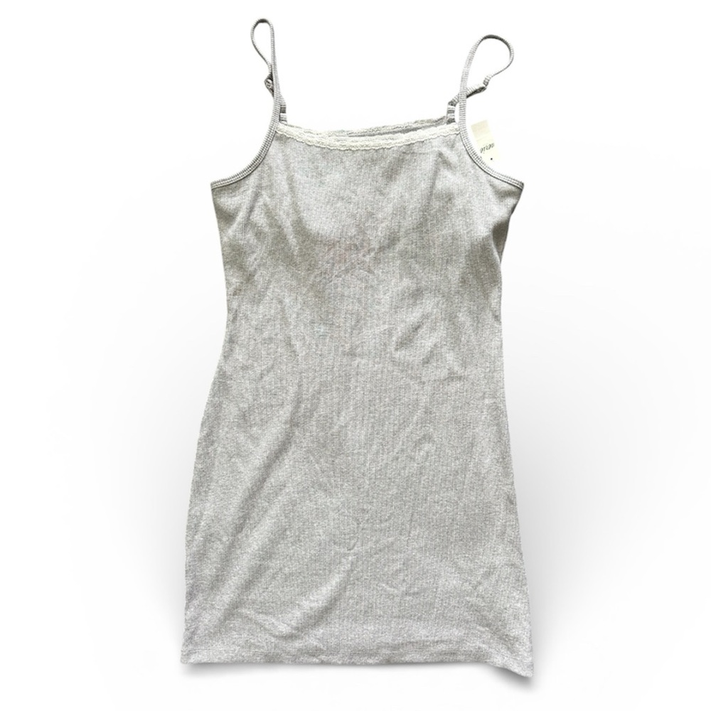 aerie $40 Grey Ribbed Dress Adjustable Straps Lace Detail New